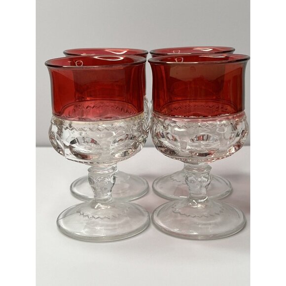 Set Of 4 Vintage Kings Crown Ruby Red Flash Thumbprint Water/Wine Goblets 4.25” - Picture 7 of 8